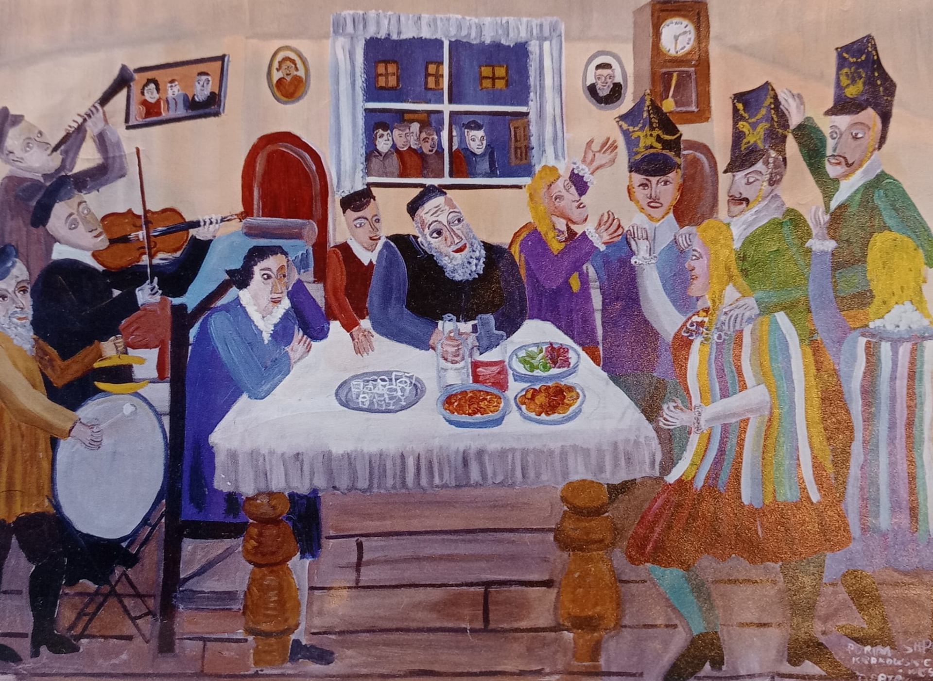 A folk painting of a Jewish family celebration with musicians and costumed dancers