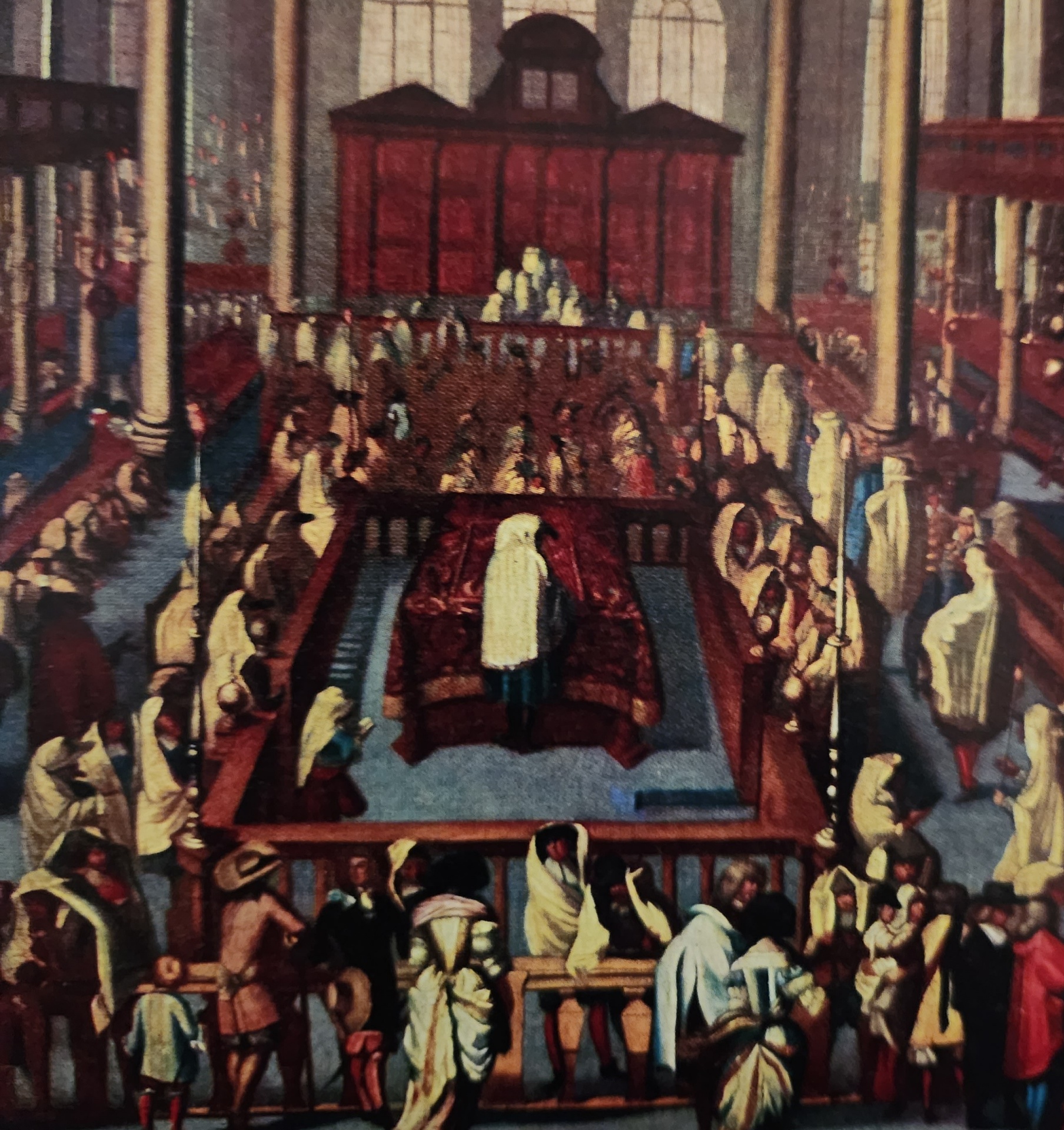 Historic painting of a grand synagogue interior packed with congregants