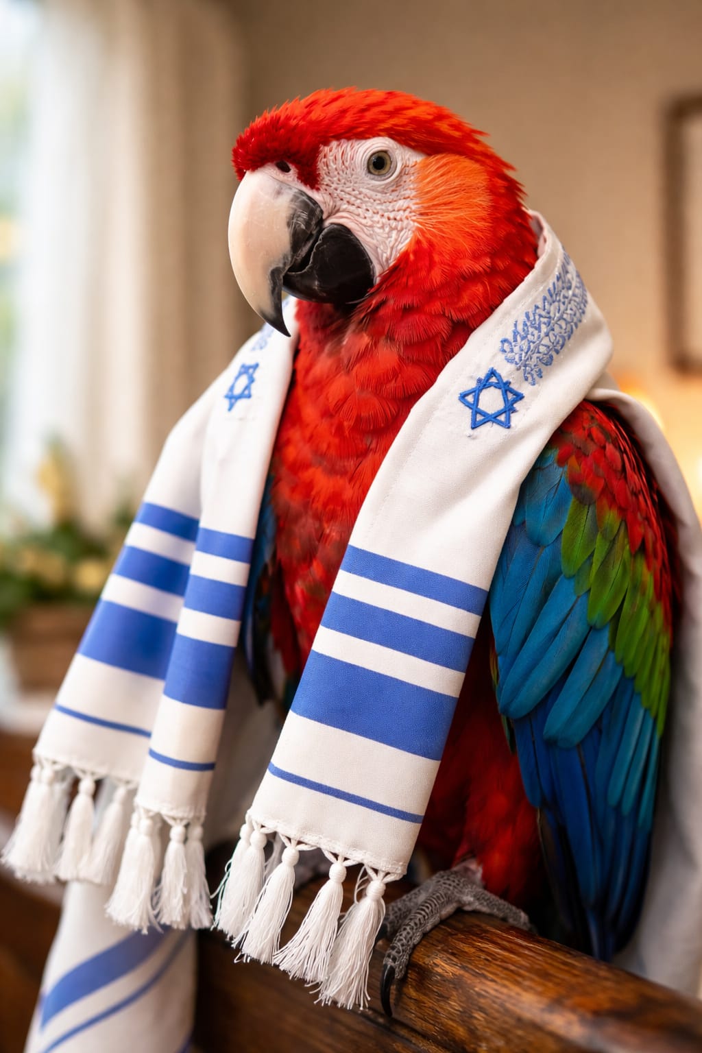 A scarlet macaw draped in a blue and white tallit